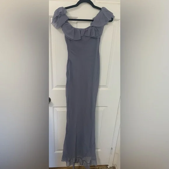 ASOS Dusty Blue Asymmetrical Ruffle Off-Shoulder Gown - Picture 6 of 9